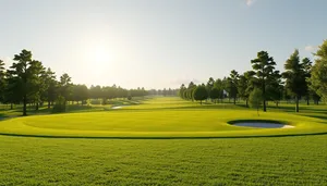 Scenic golf course under sunny sky with trees.