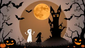 Spooky Halloween Night Silhouette with Moon and Trees