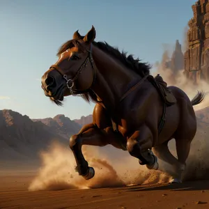 Brown stallion in equestrian harness galloping through field.