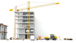 Industrial crane lifting equipment on urban construction site