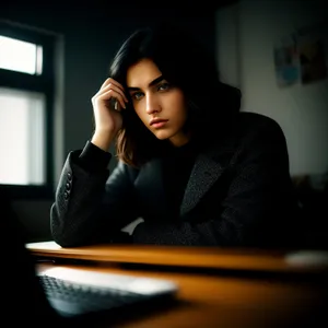 Smiling Businesswoman Working at Office with Laptop