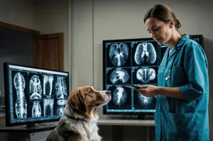 Adorable golden retriever puppy with its veterinarian.