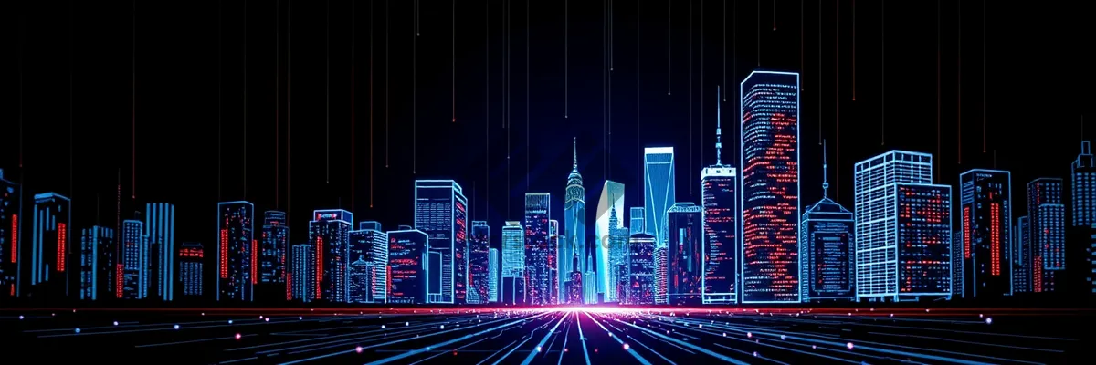 Picture of City lights illuminate urban architecture at night.
