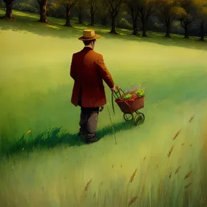 Summer Farmer Pushing Handcart through Beautiful Green Meadow