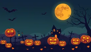 Silhouette moon with pumpkin and stars in cemetery.