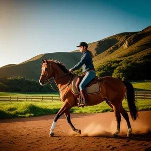 Stallion galloping through lush green field