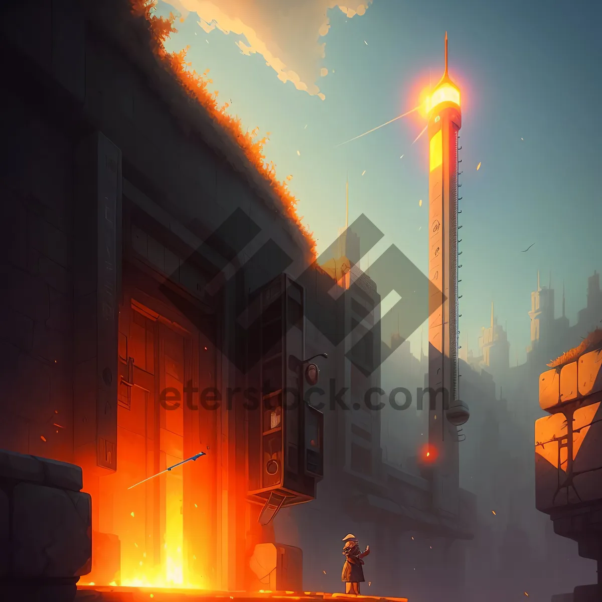 Picture of Cityscape at Sunset with Orange Lamp Lighting