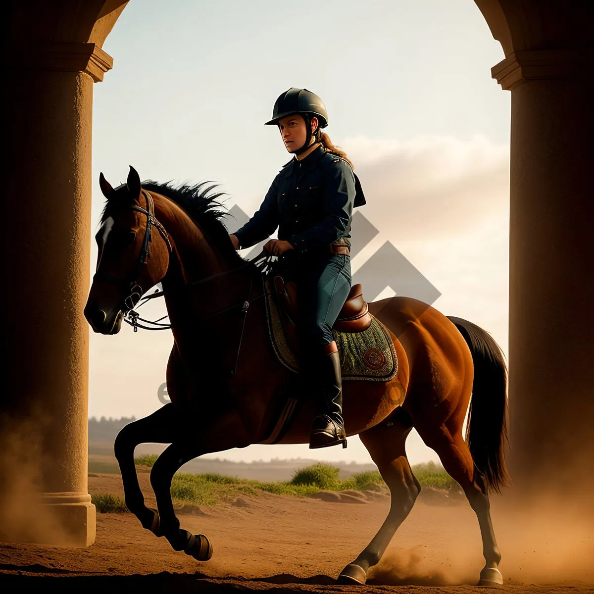 Picture of Silhouette of Stallion Riding at Sunset