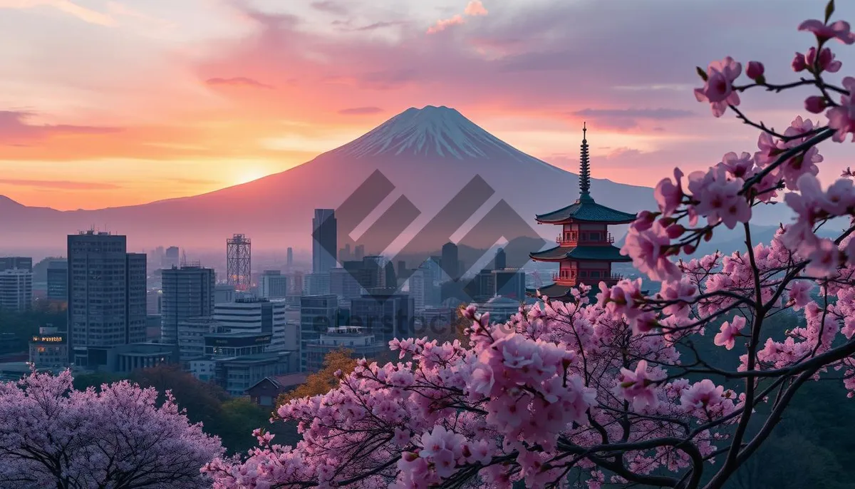 Picture of Mount Fuji in Japan at Sunset viewed from town.