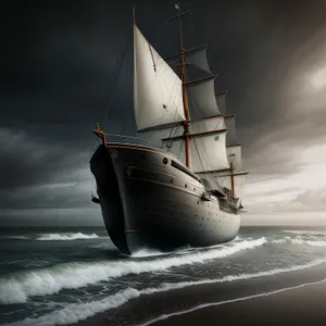 Nautical Journey at Sunset: Sailing Schooner on the Calm Ocean