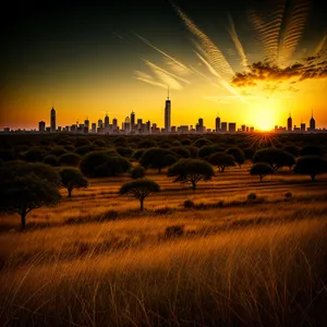 Golden Horizon: Serene Sunset over Rural Landscape