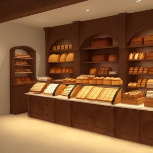 Modern Wood Counter Shop Interior with Furniture and Lamp