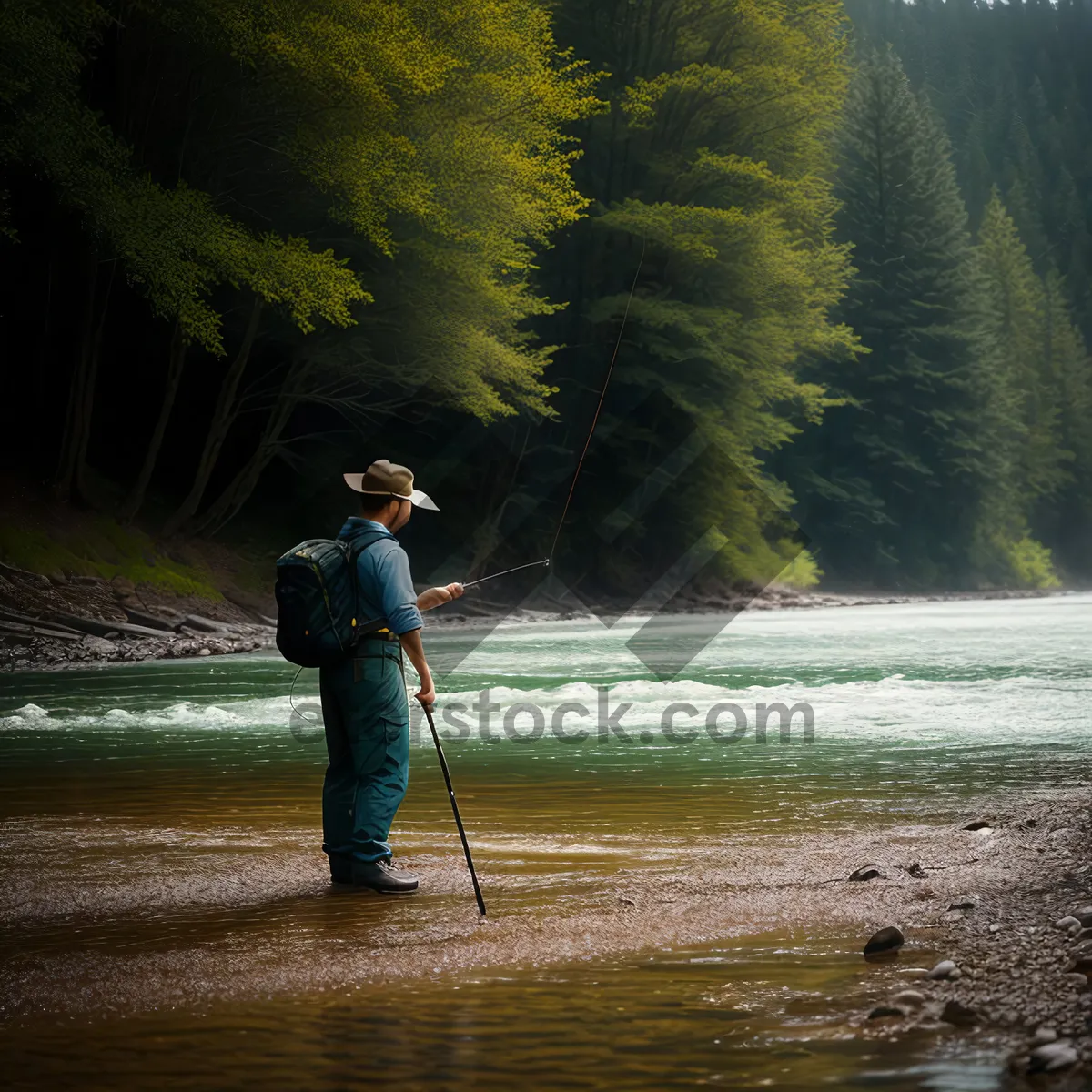 Picture of Man fishing at sunset on a paddle boat