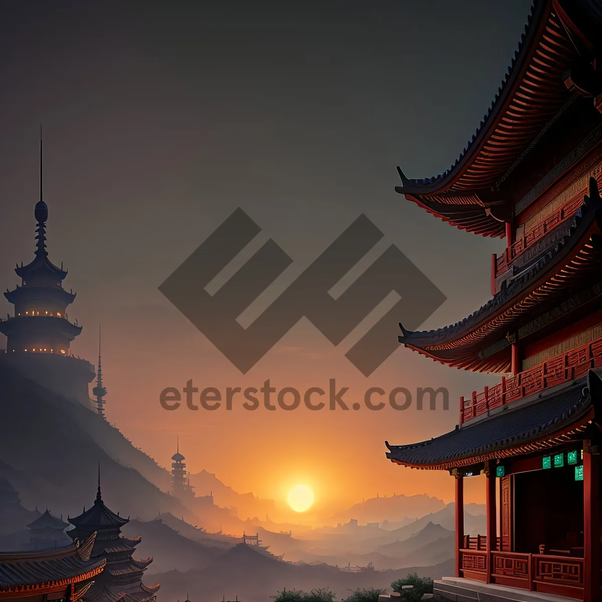 Picture of Ethereal East: Majestic Ancient Temple Rising Against the City Skyline