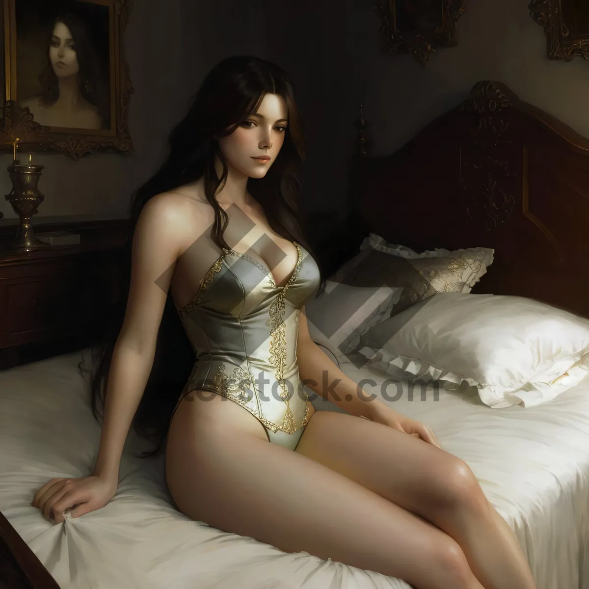 Picture of Sensual brunette model posing in sexy lingerie sitting gracefully.