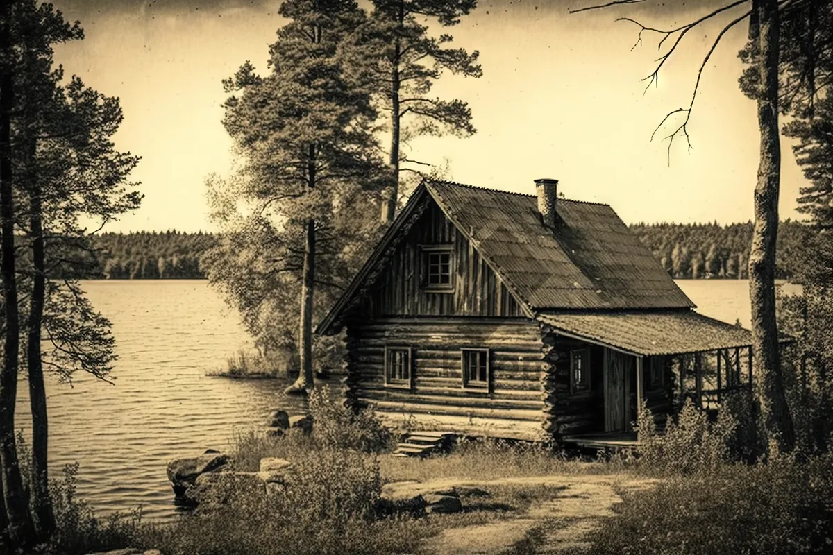 Picture of Rustic wooden boathouse in rural landscape.