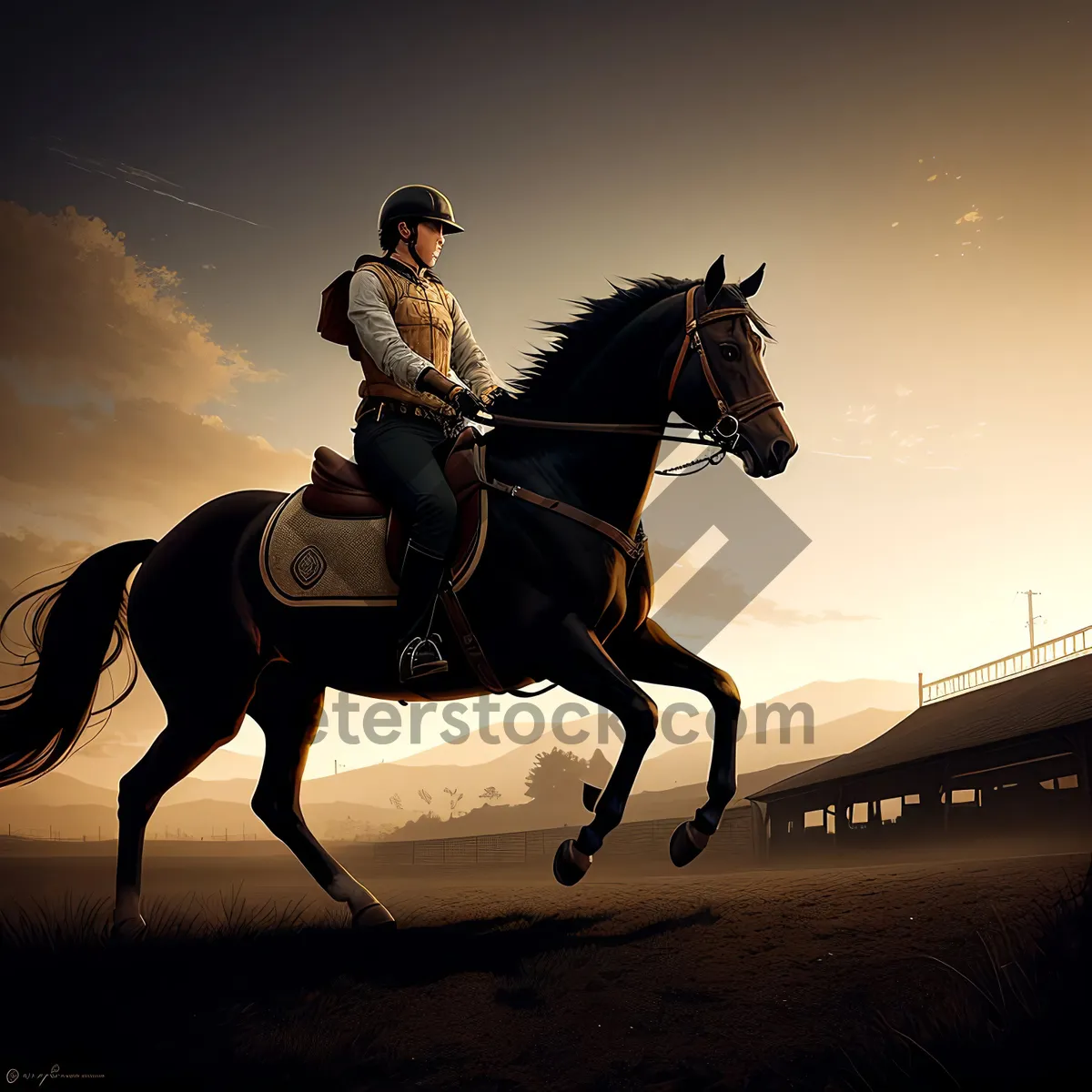 Picture of Spectacular Equestrian Vaulting Horse in Sunset Silhouette