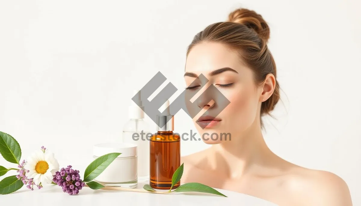 Picture of Happy woman holding flower - skincare spa portrait