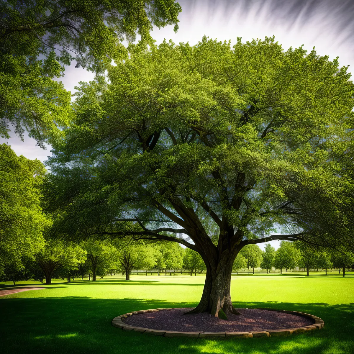 Picture of Lush Green Forest Pathway Underneath Towering Trees