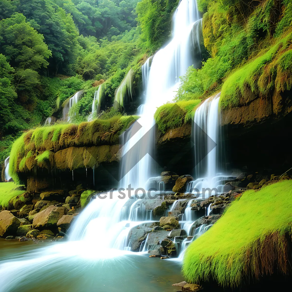 Picture of Enchanting Cascading Waterfall in Serene Forest Landscape