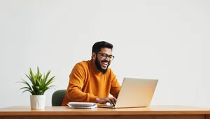 Smiling businessman working on laptop at office desk