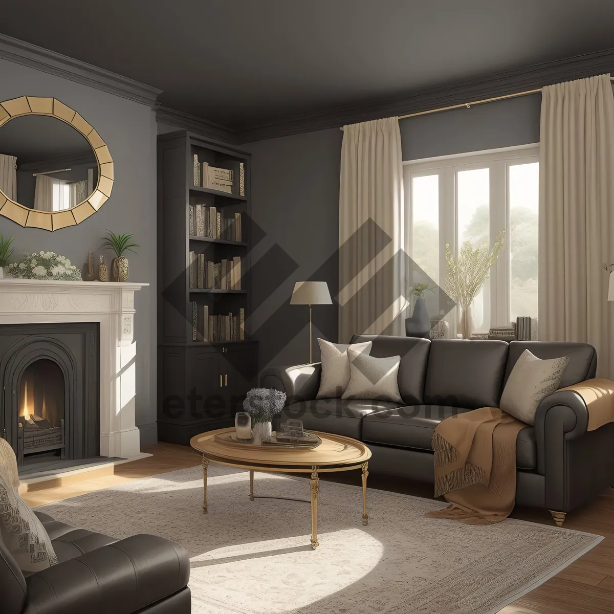 Picture of Modern Home Theater with Cozy Fireplace and Stylish Furniture