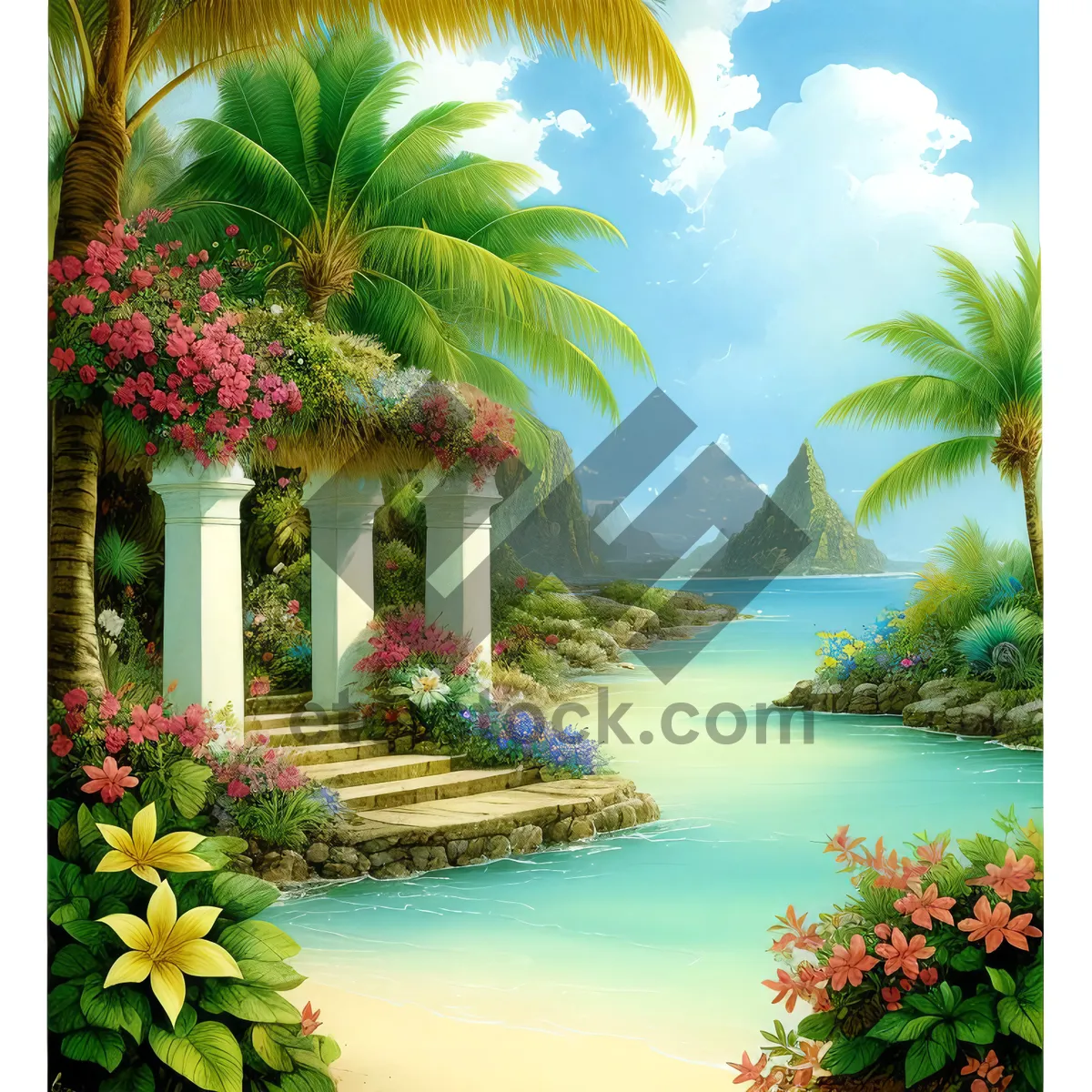 Picture of Idyllic tropical beach getaway with palm trees.