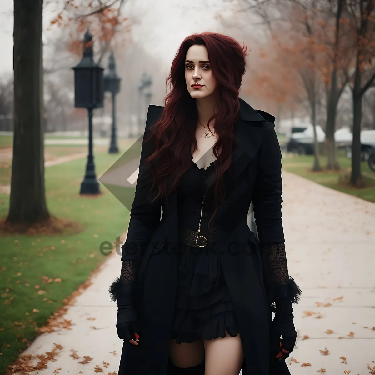 Picture of Stylish brunette traveler smiling in trendy coat