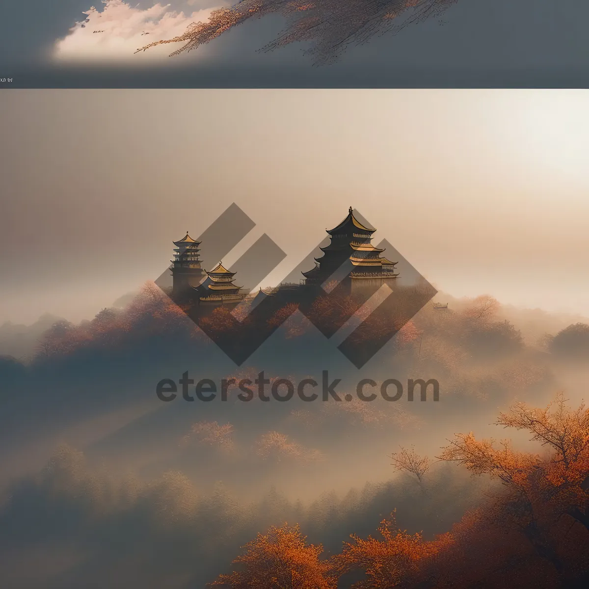 Picture of Scenic Temple Sunset: Majestic Celestial Landscape with Clear Sky