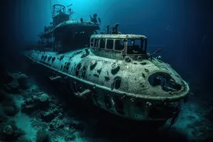 Sunken shipwreck in ocean harbor - Vessel's voyage end.