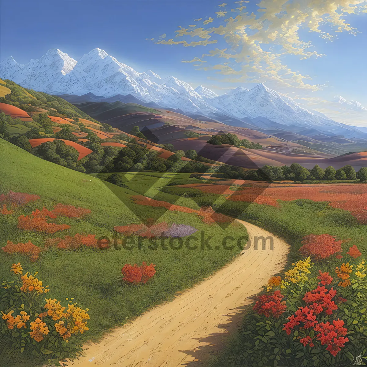 Picture of Serene Summer Landscape with Majestic Mountains