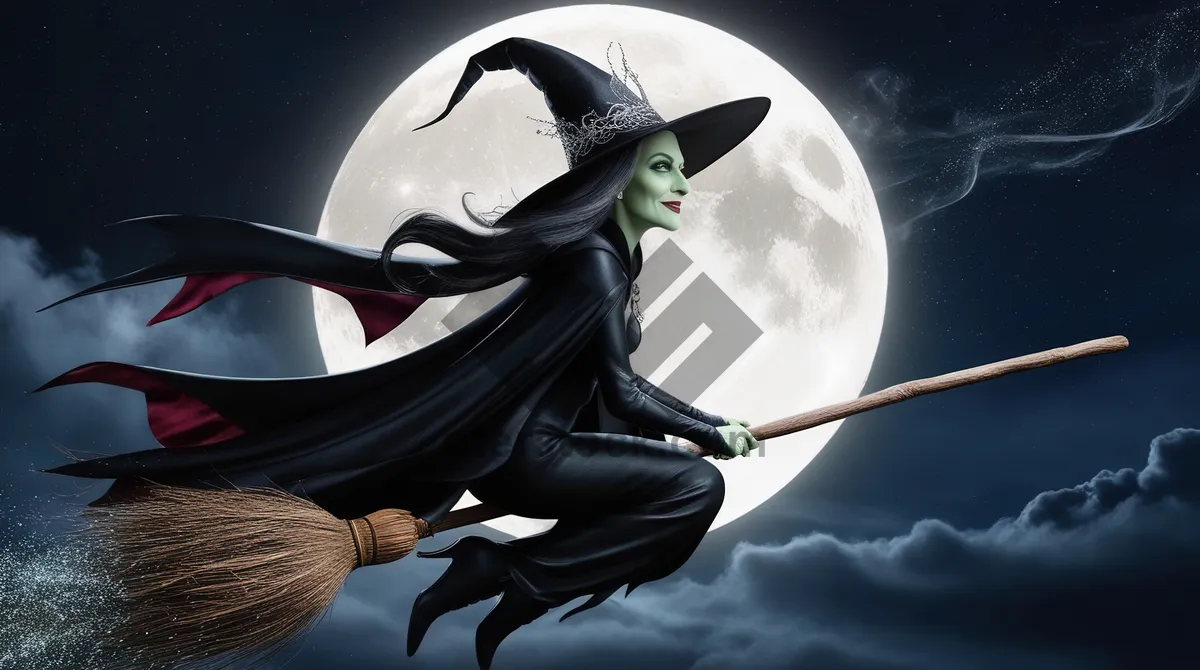 Picture of Witch flying on a broomstick against full moon and night sky with clouds, Halloween holiday. AI, Generation, Illustration