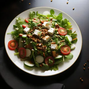 Healthy salad with grilled beef and fresh vegetables.