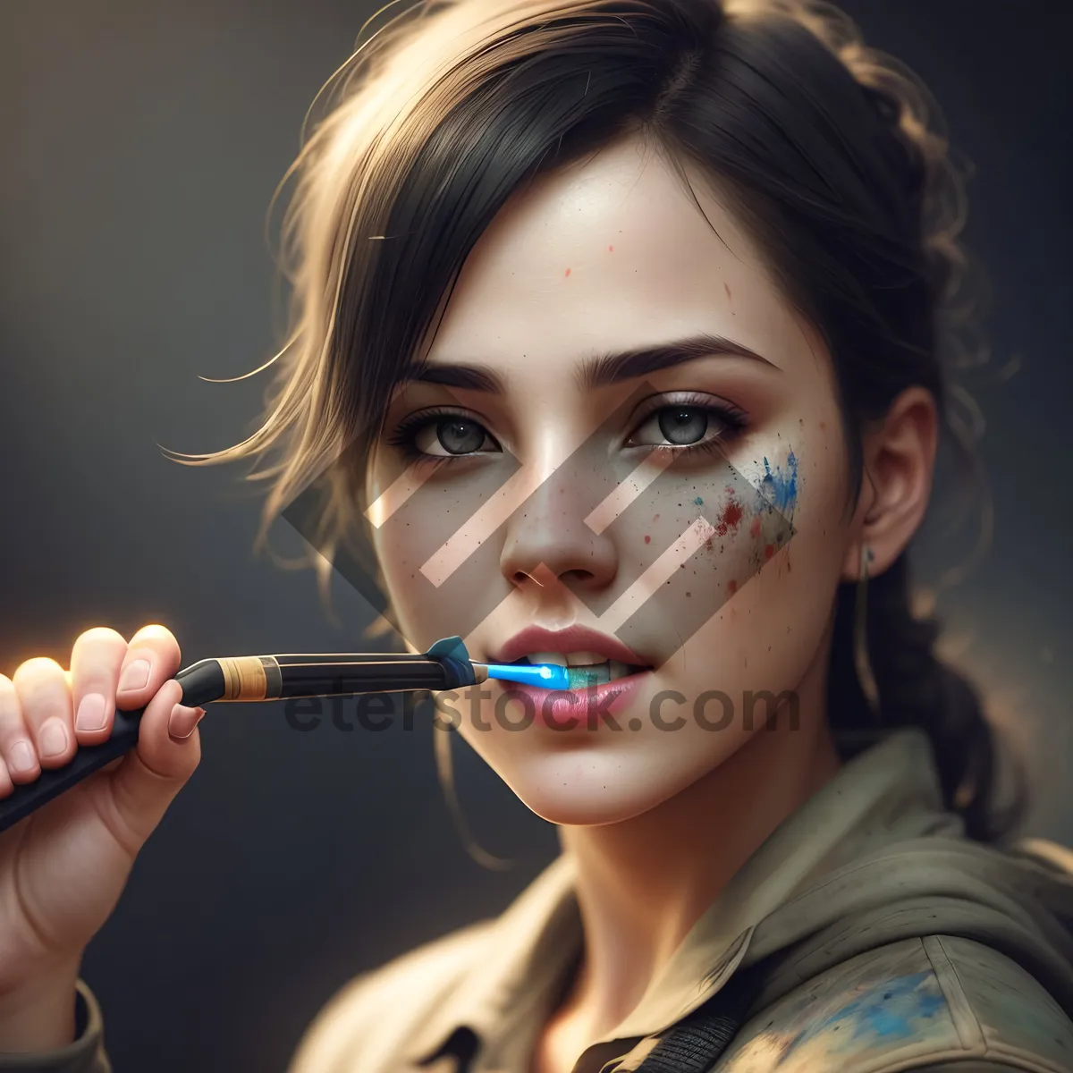 Picture of Beautiful lipstick portrait with makeup brush