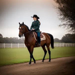 Brown Thoroughbred Rider with Leather Rein on Horseback