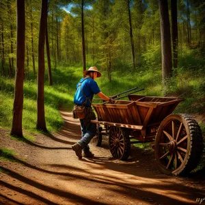 Vintage horse-drawn cart on picturesque countryside road.