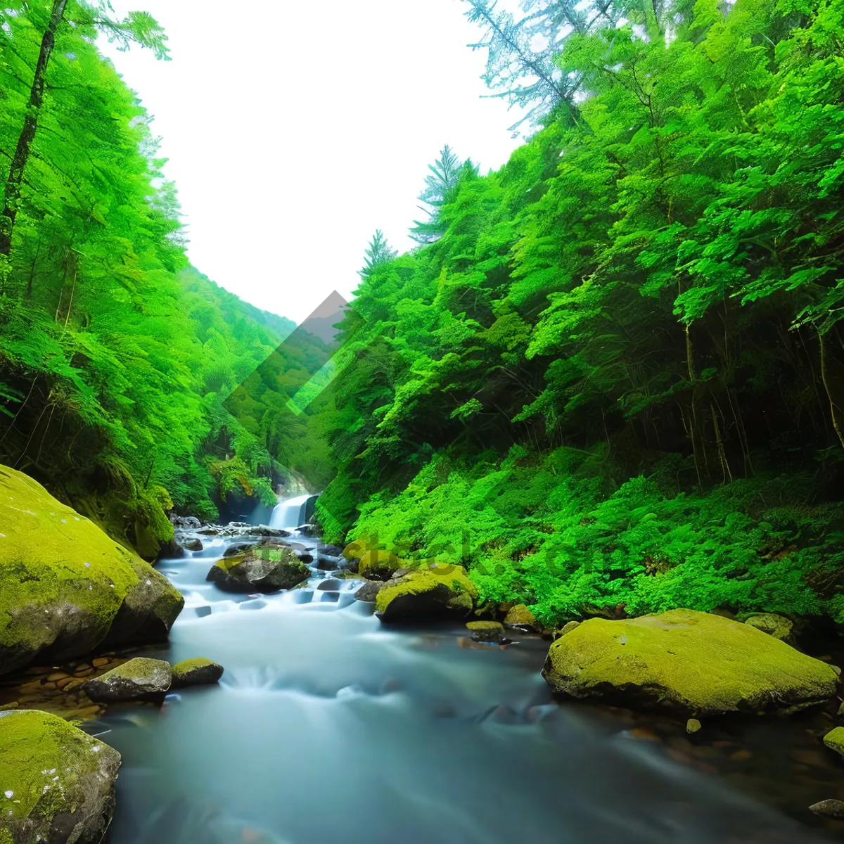 Picture of Serene River Flow Among Lush Green Forest