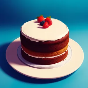 Delicious chocolate cake with vanilla icing and fruit garnish.