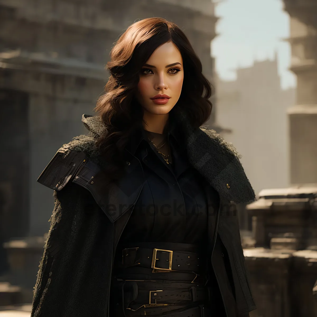 Picture of Smiling Brunette Fashion Model in Trench Coat