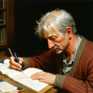 Smiling man in office solving crossword puzzle