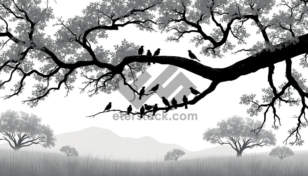 Picture of Silhouette of oak tree branches against sunset sky.