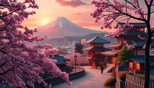 Sunset over Mount Fuji in Japanese park