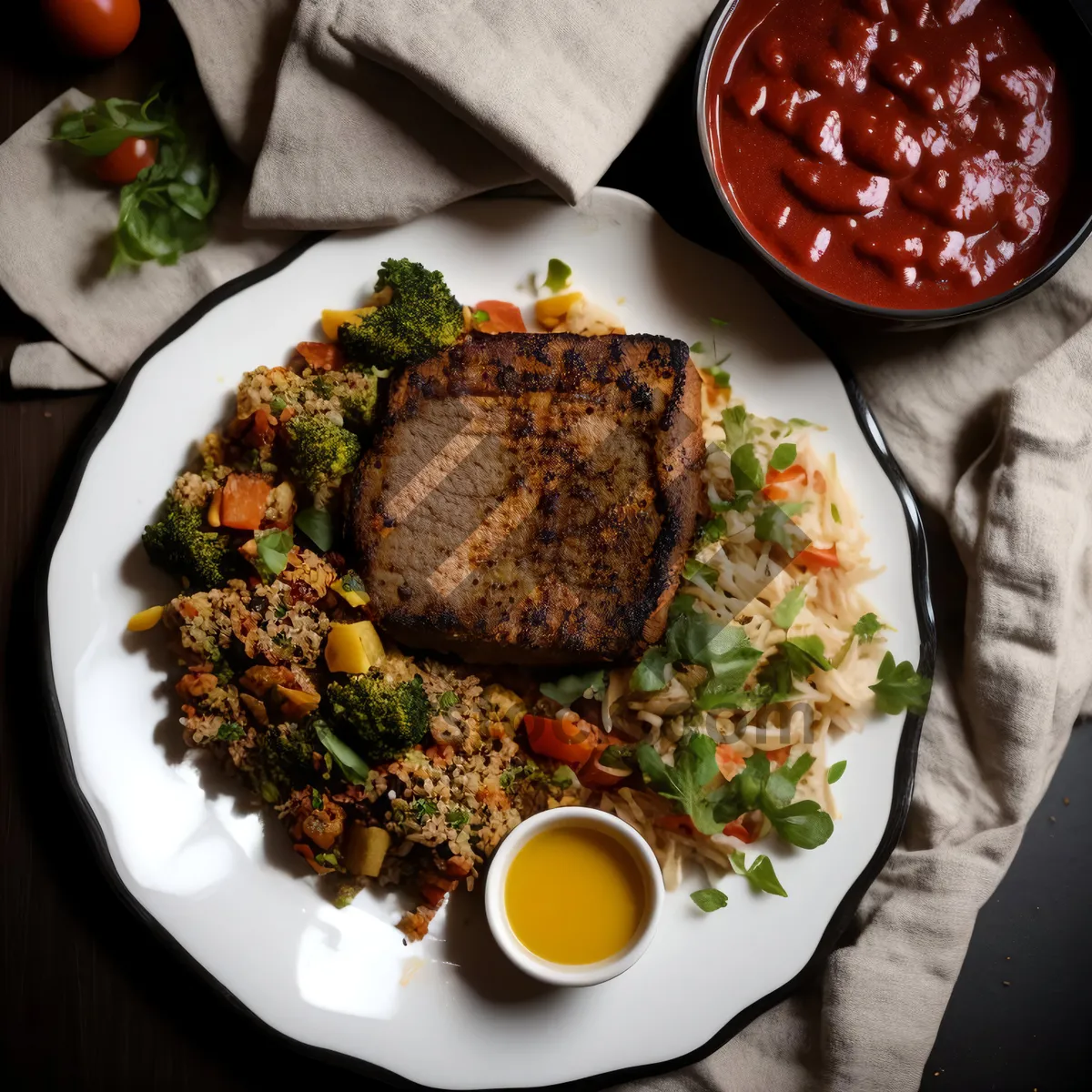 Picture of Delicious lunch plate with fresh vegetable salad.