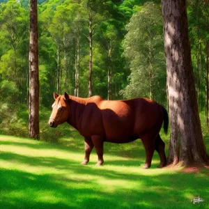 Rural Equine Grazing in Green Pasture