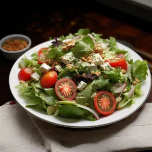Healthy vegetarian salad plate with fresh vegetables and sauce.