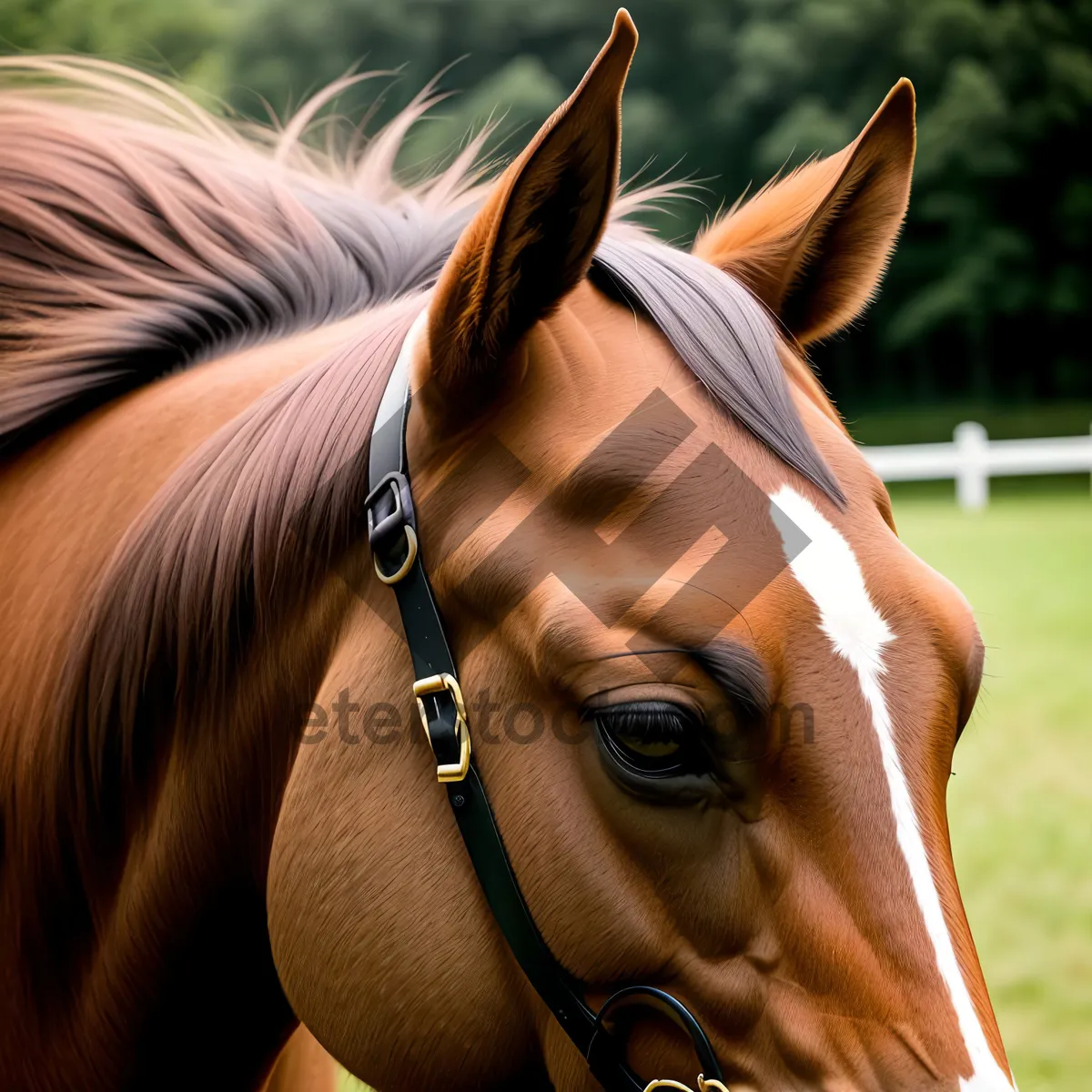 Picture of Brown Thoroughbred Stallion with Bridle - Majestic Equestrian Beauty