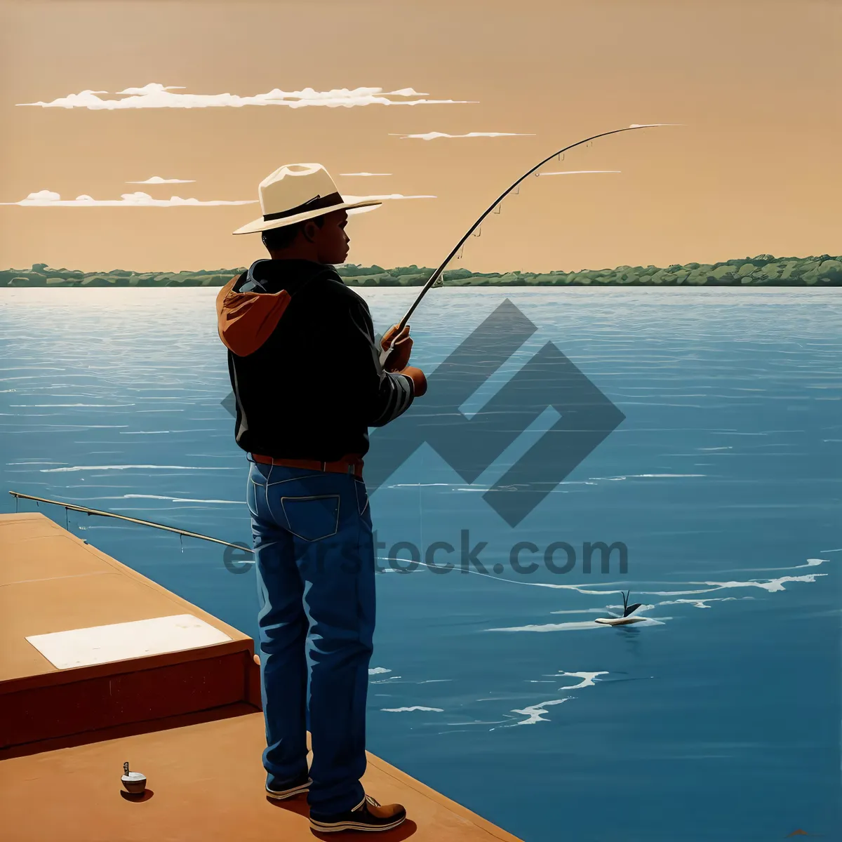 Picture of Male fisherman with fishing rod by the ocean.