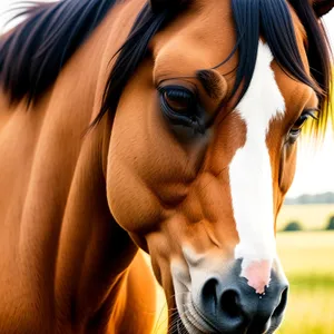 Majestic Brown Stallion Grazing in Green Pasture