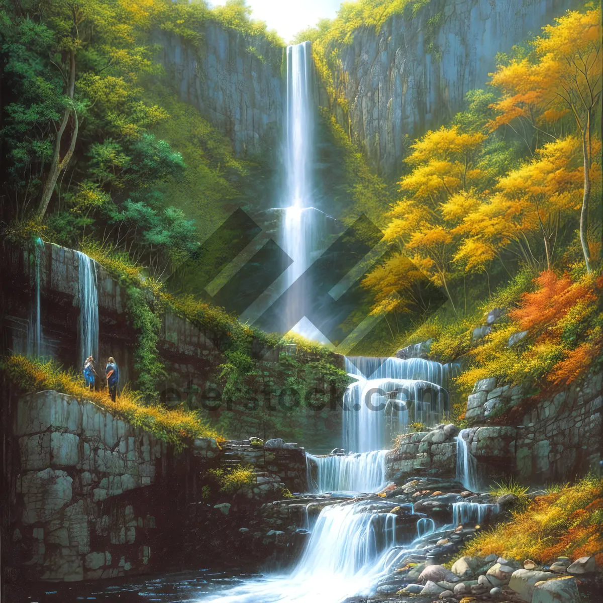 Picture of Serene Flowing Waterfall in Picturesque Forest Landscape