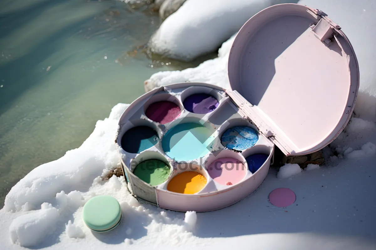 Picture of Colorful bucket with life preserver in water.container vessel.